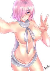 absurdres blush breasts fate/grand_order fate_(series) female hair_over_one_eye looking_at_viewer mash_kyrielight navel nekobox nipples outstretched_arm pink_hair purple_eyes reverse_virgin_killer_sweater self_shot short_hair simple_background smile solo sweater v virgin_killer_sweater white_background