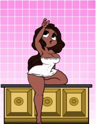 1girls amicissimum arm_raised armpit bare_shoulders barefoot big_head breasts brown_hair cleavage countertop curvy curvy_female dark-skinned_female dark_skin dress fanart female female_focus hourglass_figure knee_up long_hair long_legs looking_up ohthesunnyside open_mouth pink_background raised_eyebrow reaching_up short_dress solo_female stretching sunny_(ohthesunnyside) thick_thighs thin_waist tight_clothing tile_wall variant white_dress