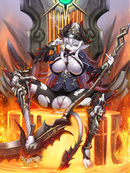 areolae barefoot bikini_top breasts chains cigar cuffs demon_girl female green_eyes hat highres horns jacket large_breasts looking_at_viewer lucknight monster_girl original panties panties_under_pantyhose pantyhose pointy_ears purple_hair purple_skin pussy see-through shackles sitting skull solo spread_legs tail torn_clothes torn_pantyhose underwear weapon