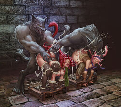 2girls 2monsters ahe_gao all_fours bondage breasts breasts_out captured cum_explosion cum_inside dungeon excessive_cum femsub final_fantasy final_fantasy_xiv from_behind grabbing_from_behind joixxx larger_male miqo'te monster multiple_girls multiple_subs nipples pillory sabrith_ebonclaw size_difference stocks take_your_pick tayelle_ebonclaw werewolf wolf