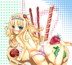 blonde_hair blue_eyes cherry dotted_background food kiwifruit looking_back madolche_puddingcess pink_panties strawberry tiara yu-gi-oh!