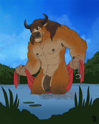 2016 abs anthro armpit_hair badcoyote belly biceps big_biceps black_horn bovine brown_eyes brown_fur brown_hair bush cattle chains cloud detailed_background front_view fur hair half-erect holding_object horn humanoid_penis lake lily_pad long_hair looking_at_viewer male male_only mammal multicolored_fur muscular muscular_male nipples nude outside partially_retracted_foreskin pecs penis plant pose sky snout solo standing tan_fur tauren teeth towel two_tone_fur uncut vein veiny_penis video_games warcraft water wet