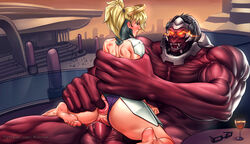 anal_fingering anal_prolapse anus ass barefoot blonde_hair cowgirl_position feet female gorilla male mercy mikiron overwatch penis pussy sex vaginal_penetration winston