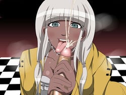 1boy censored clothed_female_nude_male cum cumshot danganronpa dark-skinned_female dark_skin female geafcart interracial licking licking_penis mosaic_censoring new_danganronpa_v3 penis penis_lick straight_hair yonaga_angie