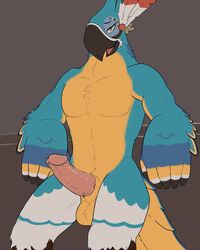 1boy 2017 anthro avian balls beak breath_of_the_wild erection feathers kass_(zelda) male male_only nintendo penis rito solo ssssnowy the_legend_of_zelda video_games