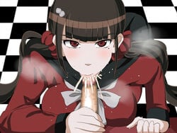 1boy censored clothed_female_nude_male cum cum_in_mouth danganronpa female geafcart harukawa_maki looking_at_viewer momota_kaito mosaic_censoring new_danganronpa_v3 penis straight_hair