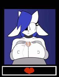 1boy 1girls 2017 animated anthro areola big_breasts blue_hair breasts cleavage clothed clothing collar cum cum_on_breasts cumshot cute ejaculation english_text erection female first_person_view fur furry hair hi_res humanoid_penis looking_at_penis male male/female nipples nude orgasm paizuri penis sex short_playtime simple_background straight text theicedwolf white_fur