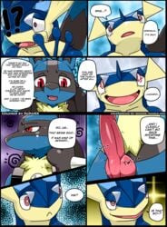 anthro anus balls blue_balls bush colored comic cum duo edit ejaculation english_text erection forest fur gaping gaping_anus greninja hands-free heart hi_res kivwolf lucario male male_only nintendo orgasm outside penetration penis pokemon pokemon_(species) red_eyes redoxx saliva shocked solo teeth text tree video_games