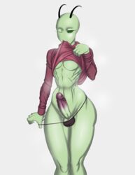 1boy 1femboy alien alien_boy alien_humanoid alien_only autumm_airwave balls clothing erection fan_character femboy girly girly_boy humanoid_penis invader_zim irken looking_at_viewer male male_only one_eye_closed penis shirt_in_mouth shirt_up solo standing taking_off_underwear tem_(cortanaslover) thick_thighs twink underwear wide_hips