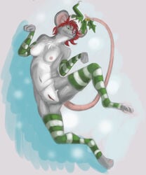 anthro ass bell breasts christmas clothing female fur green_eyes hair holidays jingle_bells legwear looking_at_viewer mammal mistletoe nipples nude phinja plant presenting presenting_pussy pussy rat red_hair rodent simple_background smile solo spreading stockings