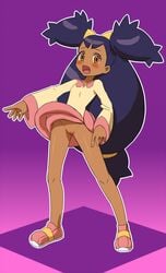 1girls :o blush dark-skinned_female dark_hair dark_skin dress female female_only human inferior_version iris_(pokemon) iris_(pokemon_bw) long_hair lowres majin_(artist) nintendo no_panties open_mouth orange_eyes pokemon pokemon_bw purple_hair pussy shoes smile solo standing uncensored