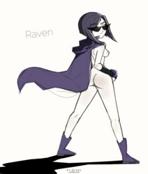 ass body_blush breasts cape character_name dc dc_comics female fingerless_gloves forehead_jewel gloves kt-draws looking_back nipples nude purple_hair rachel_roth raven_(dc) short_hair sideboob smile solo standing straight_hair sunglasses teen_titans