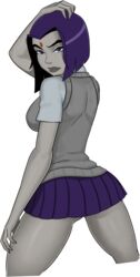 1girls alpha_channel ass breasts cartoon_network covered_breasts dc dc_comics demon demon_girl female for_sticker_use forehead_jewel goth_girl grey_skin hips large_breasts legs no_background png png_conversion png_file purple_eyes purple_hair rachel_roth raven_(dc) school_uniform short_hair sideboob solo sticker sticker_template stickers sunsetriders7 superheroine teen_titans thighs transparent_background transparent_png