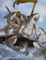 2017 anthro areola bandana big_breasts breasts bull_shark closed_eyes cloud facial_hair female femdom fin fish flag gills grey_nipples grey_skin group hattonslayden human human_on_anthro interspecies licking male male_human/female_anthro mammal marine moustache nipples nude open_mouth shark sharp_teeth sky straight teeth tongue tongue_out water wood yellow_sclera