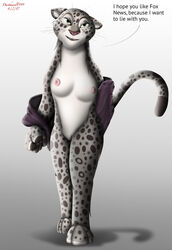 anthro breasts clitoris clothing darthmaul1999 dialogue disney fabienne_growley feline female flat_chest humor leopard mammal nipples pussy snow_leopard text undressing walking zootopia