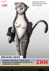 anthro breasts clitoris clothing darthmaul1999 dialogue disney fabienne_growley feline female flat_chest humor leopard mammal news nipples pussy snow_leopard text undressing walking zootopia