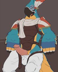 1boy 2017 anthro arm_support armlets armor avian balls beak belt biceps bird blue_feathers blue_skin blue_tail breath_of_the_wild bulge clothed clothing erection feathers front_view half-closed_eyes kass_(zelda) looking_at_viewer male male_only multicolored_skin multicolored_tail nintendo open_mouth open_pants orange_eyes pants penis pink_penis pose rito solo ssssnowy standing tan_feathers tan_skin tan_tail the_legend_of_zelda tongue video_games