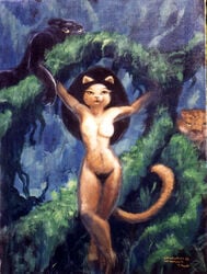 1990s 1993 20th_century acrylic amber_eyes anthro black_hair breasts feline female frazetta fur furry hair mammal nude open_mouth panther pink_nose pose pubes steve_gallacci tan_fur traditional_media_(artwork) tree unshaved_pussy year