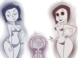 bikini coraline coraline_jones incest medium_breasts mel_jones monochrome multiple_females other_mother roger_bacon white_background