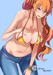 1girls artist_name belly bent_over big_breasts bikini bikini_top blush breasts brown_eyes cleavage covered_breasts female female_only isao jeans large_breasts long_hair looking_at_viewer nami navel one_piece open_mouth orange_hair pants ponytail sagging_breasts signature smile solo swimsuit tattoo tied_hair very_long_hair