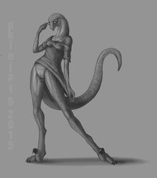 anthro breasts clothing dinosaur eyewear female glasses grey_background monochrome nipples nude phinja pussy reptile scalie simple_background sketch smile solo theropod tongue troodon