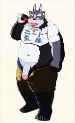 anthro beverage big_penis censored clothed clothing male male_only mosaic_censoring obese overweight penis simple_background slob soda solo tokyo_afterschool_summoners tsathoggua white_background