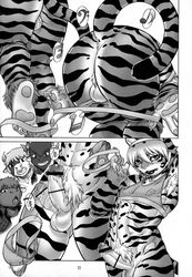 anthro aoi_takayuki ass bovine cattle clothing comic erect_nipples erection feline fur girly hair horn male mammal monochrome muscular nipples open_mouth slut_kitty standing stripes striptease testicles tiger underwear