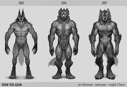 animal_genitalia anthro balls canine caraid comparison english_text fur male male_only mammal monochrome muscular nude sheath solo standing text