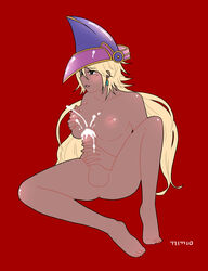 1futa apprentice_illusion_magician blonde_hair dark_skin earrings ejaculation futanari intersex masturbation red_background scar solid_color_background solo_futa wizard_hat yu-gi-oh!