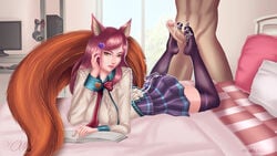 16:9 1boy 1girls academy_ahri ahri alternate_costume alternate_hair_color animal_ear_headphones animal_ears ass balls barefoot breasts cum cum_on_ass cum_on_body cum_on_clothes cum_on_feet cum_on_lower_body cum_on_penis dr-alu feet female footjob footjob_with_legwear fox_tail kumiho large_breasts league_of_legends long_hair looking_at_viewer lying male navel nipples penis pink_toenails red_hair skirt soles source_request tail thighhighs toes yellow_eyes