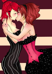 2girls bare_shoulders black_dress black_hairband black_nails blush breasts brown_hair cartoon_network cleavage closed_eyes couple dress earrings everbluefae female female_only foster's_home_for_imaginary_friends frankie_foster goof_troop hairband hug jewelry kissing large_breasts medium_breasts multiple_girls mutual_yuri nail_polish neck passionate peg_pete piercing pink_dress red_hair romantic short_hair standing strapless strapless_dress striped striped_background striped_dress yuri