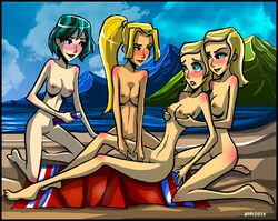 4girls amy_(tdi) aroberts beach blonde_hair blush bridgette_(tdi) female_only green_hair gwen_(tdi) lotion multiple_girls nude samey_(tdi) sisters sunbathing sunscreen total_drama:_pahkitew_island total_drama_island towel twins