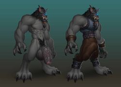 absurd_res balls beard big_balls big_penis bulge canine clothing eye_patch eyewear facial_hair fangs hi_res huge_balls huge_cock hyper hyper_balls hyper_penis joixxx mammal penis simple_background video_games warcraft were werewolf worgen