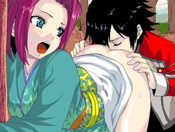 1boy ass_grab black_hair blue_eyes blush clothes_lift code_geass female japanese_clothes kallen_stadtfeld kimono kimono_lift lelouch_lamperouge looking_back open_mouth purple_hair shin'ya_(shin'yanchi) short_hair sweat tree