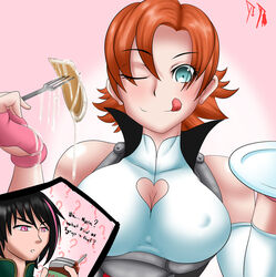 1boy 1girls bare_shoulders big_breasts breasts cleavage cleavage_cutout cum cum_on_food dialogue female fingerless_gloves fork holding_plate licking_lips lie_ren male nora_valkyrie one_eye_closed orange_hair pancake pink_background plate rwby short_hair sleeveless smile suicidetoto tagme tongue tongue_out wink