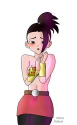 1girls black_eyes breasts brown_hair censored curvy dragon_ball dragon_ball_super female female_only kale no_source saiyan solo text topless watermark wide_hips