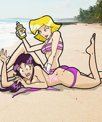 2girls beach bikini clover_(totally_spies) inspector97 lotion mandy_(totally_spies) mandy_walters sunbathing sunscreen swimsuit totally_spies