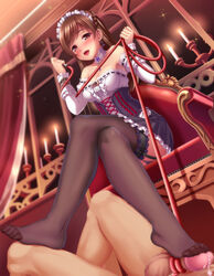 black_legwear blush braid breasts brown_eyes brown_hair burning_candles candelabra candles cleavage crown_braid cum detached_sleeves domination feet female femdom footjob footjob_with_legwear highres idolmaster idolmaster_cinderella_girls leash legs_crossed long_hair maid maid_headdress nitta_minami open_mouth penis sadism sakuranoyukke smile solo_focus thighhighs tied_hair whip white_candles