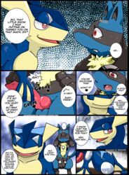 anthro balls blue_balls colored comic duo edit english_text erection fur greninja heart hi_res kivwolf knot lucario male male_only nintendo outside penis pokemon pokemon_(species) red_eyes redoxx shocked text video_games