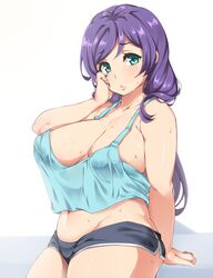 1girls aqua_eyes aquamarine_eyes blush breasts cleavage clothed female female_only huge_breasts human long_hair love_live! moisture_(chichi) navel plump purple_hair short_shorts skimpy solo sweat toujou_nozomi very_long_hair voluptuous