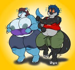 2017 anthro areola ass big_breasts big_butt black_scales blue_eyes blue_hair blue_scales breasts brown_hair bulge clothing eth_(artist) exercise eyewear female fish gecko glasses hair huge_breasts lizard male marine morbidly_obese nintendo nintendo_switch nipples obese overweight penis penis_outline penis_shaped_bulge penis_tip peregrine_(character) red_eyes reptile scales scalie shark sweat thick_thighs training video_games voluptuous wardrobe_malfunction wide_hips wilma_(character) workout