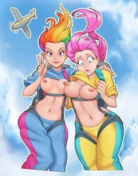 2girls absurdres airplane blue_eyes breasts breasts_out cropped_legs fluttershy_(mlp) friendship_is_magic frown harness highres human human_only humanized long_hair looking_at_viewer midair multiple_girls my_little_pony nauth nauth_le_roy navel nipples parachute personification pink_eyes pink_hair ponytail rainbow_dash_(mlp) shirt_lift sky skydiving smile smooth_skin tied_hair v wide-eyed