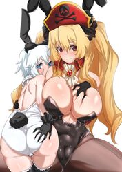 2girls animal_ears anne_bonny_(fate/grand_order) ass ass_grab ayuayu_(shouyu_no_sato) blonde_hair blue_eyes breast_grab breasts bunny_ears bunnysuit cameltoe cleavage covered_navel deep_skin detached_collar elbow_gloves fate/grand_order fate_(series) gloves hair_ribbon hairband hat highres huge_ass large_breasts leotard long_hair lying mary_read_(fate/grand_order) multiple_girls pantyhose pirate_hat red_eyes ribbon scar short_sleeves silver_hair skull_and_crossbones small_breasts smile thighhighs tied_hair twintails white_background zettai_ryouiki