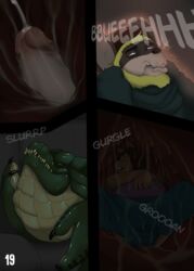 2017 alligator anthro azathura brown_fur brown_hair brutis bulge clothed clothing comic crocodile crocodilian cum cum_in_ass cum_inside equine erection fully_clothed fur green_scales hair horse humanoid_penis jeans looking_pleasured male mammal mouse obese orgasm orgasm_face overweight pants partially_clothed penis reptile rodent scales scalie smile snuff vore