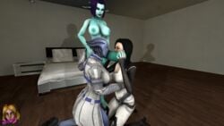 3d alien animal_genitalia animal_penis asari blue_skin dhead dickgirl equine_penis fellatio futanari green_skin horsecock huge_breasts huge_cock intersex liara_t'soni mass_effect miranda_lawson oral soria source_filmmaker uniform