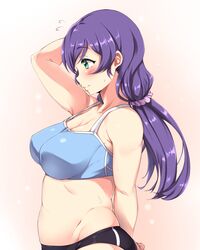 1girls aqua_eyes aquamarine_eyes blush breasts buruma cleavage female hair_ribbon large_breasts long_hair love_live! moisture_(chichi) plump purple_hair smile solo stomach sweat tagme tank_top tied_hair toujou_nozomi twintails