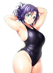 aquamarine_eyes armpits breasts chubby clothed cowboy_shot female female_only hair_between_eyes hands_behind_head huge_ass human large_breasts looking_at_viewer love_live! one-piece_swimsuit onsoku_inu plump purple_hair simple_background smile solo standing swimsuit thick_thighs toujou_nozomi voluptuous white_background