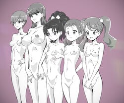 5girls arisugawa_himari blush bow breast_grab breasts embarrassed flat_chest food_themed_hair_ornament grabbing hair_ornament hands_on_hips kenjou_akira kirakira_precure_a_la_mode kotozume_yukari large_breasts long_hair medium_breasts monochrome multiple_girls nipples nude ontaros ponytail precure pretty_cure purple_background short_hair sketch small_breasts smile standing strawberry_hair_ornament tategami_aoi tied_hair twintails usami_ichika