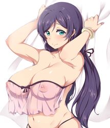 aqua_eyes aquamarine_eyes areolae blush breasts cleavage erect_nipples female large_breasts long_breasts looking_at_viewer love_live! moisture_(chichi) navel nipples purple_hair see-through solo stomach strapless tagme toujou_nozomi twintails