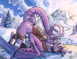 blue_eyes bondage bound cloud cum dragon fellatio horn kobold korelian long_tail male mount open_mouth oral outdoors penis pleased purple_skin reptile ruaidri scalie sex sky smile snout snow tiktaalik tongue traditional_media_(artwork) tree watercolor_(artwork) wings wyvern yaoi